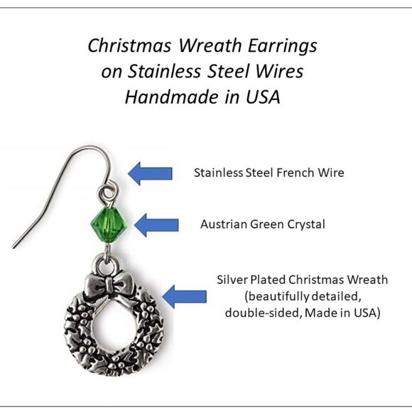 Christmas Wreath Earrings Green Austrian Crystal Womens Girls Holiday Jewelry - Picture 2 of 3